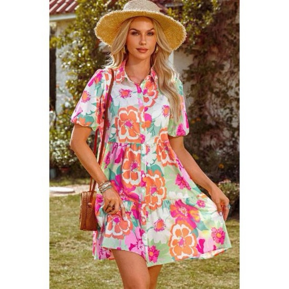 BRAND NEW WITH TAGS Colorful Floral Puff Sleeve Collared Dress